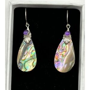 Abalone Shell & Amethyst Sterling Silver Handmade Dangle Earrings
